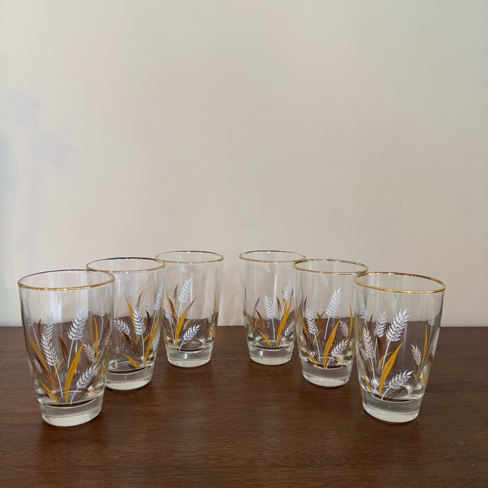 Libbey white and gold wheat glasses set 6 Vintage